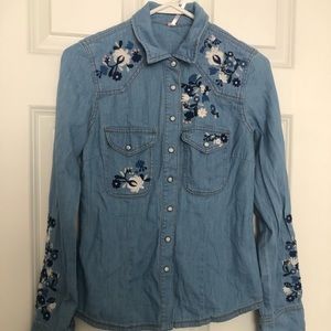 Free People Embroidered Denim Western Shirt XS